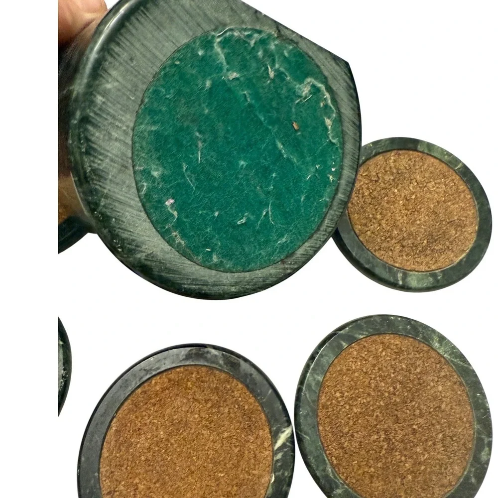 Vintage Dark Green Marble Coaster Set with Cork Inlays and Matching Holder 6pc